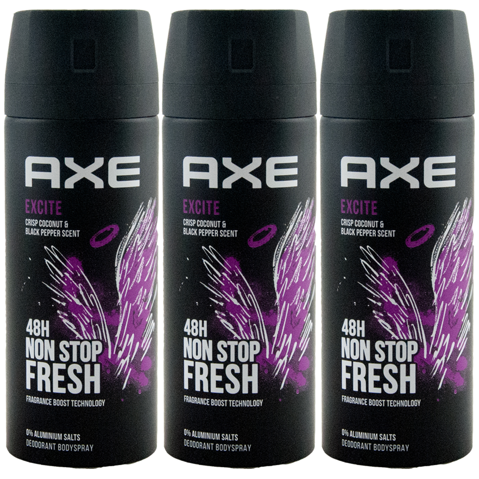 Axe Deo Spray EXCITE 3 x 150ml for man 48H Frische 0% Aluminium Salze Bodyspray